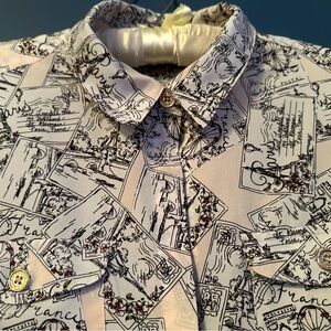 Pink and black blouse with beautiful gold buttons.